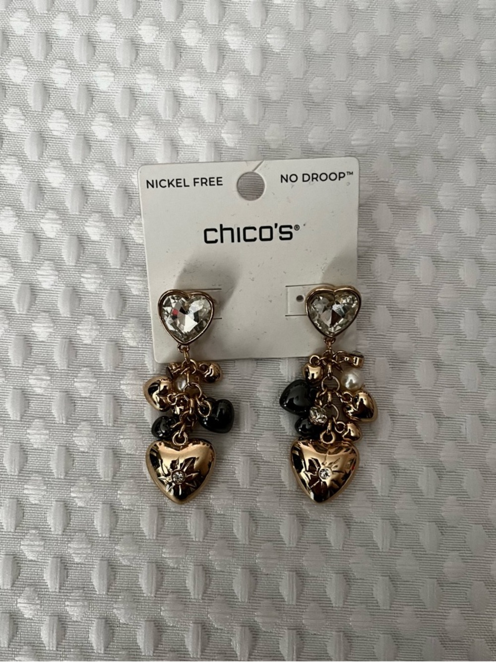Chico's Gold and Black Heart Drop Earrings with Crystal Studs